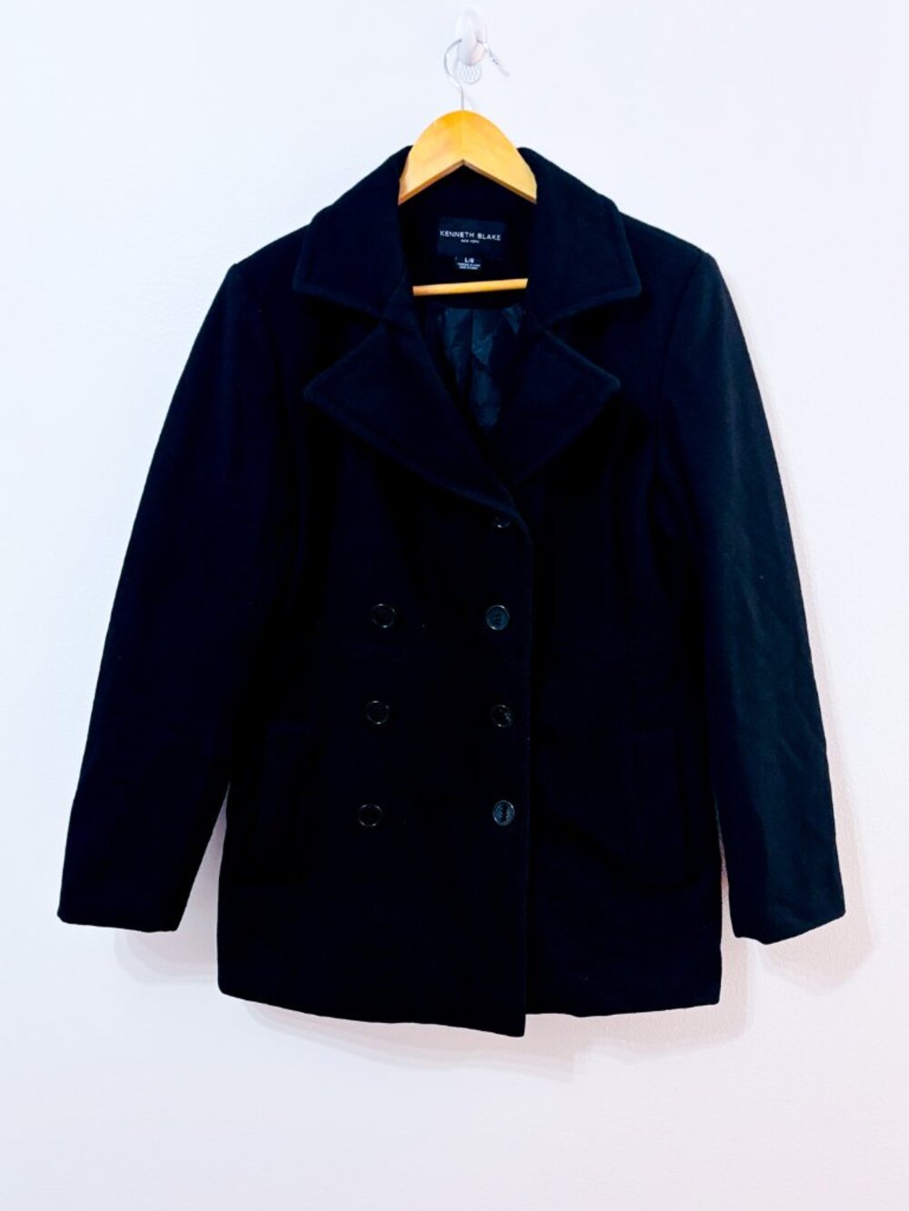 KENNETH BLAKE Black Wool Peacoat | Classic Winter Coat | Large